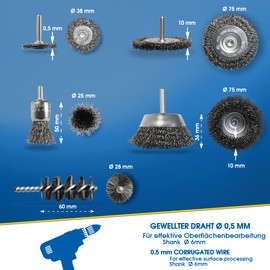 S&R wire brushes drill bit set 5 pcs, round shank 6mm: 2 round brushes 38, 75 mm, 1 cup brush 75 mm, 1 brush 25 mm, 1 pc. Cylinder brush 28x60x90 mm