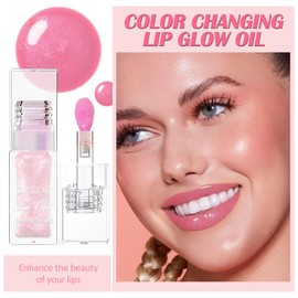 Prreal 2PCS Color Changing Lip Oil, Shimmer Lip Glow Oil with Big Brush, Hydrating Temperature Color Change Lip Gloss Lip Balm, Long-Lasting Lip Oil Tinted for Lip Care(01+02)