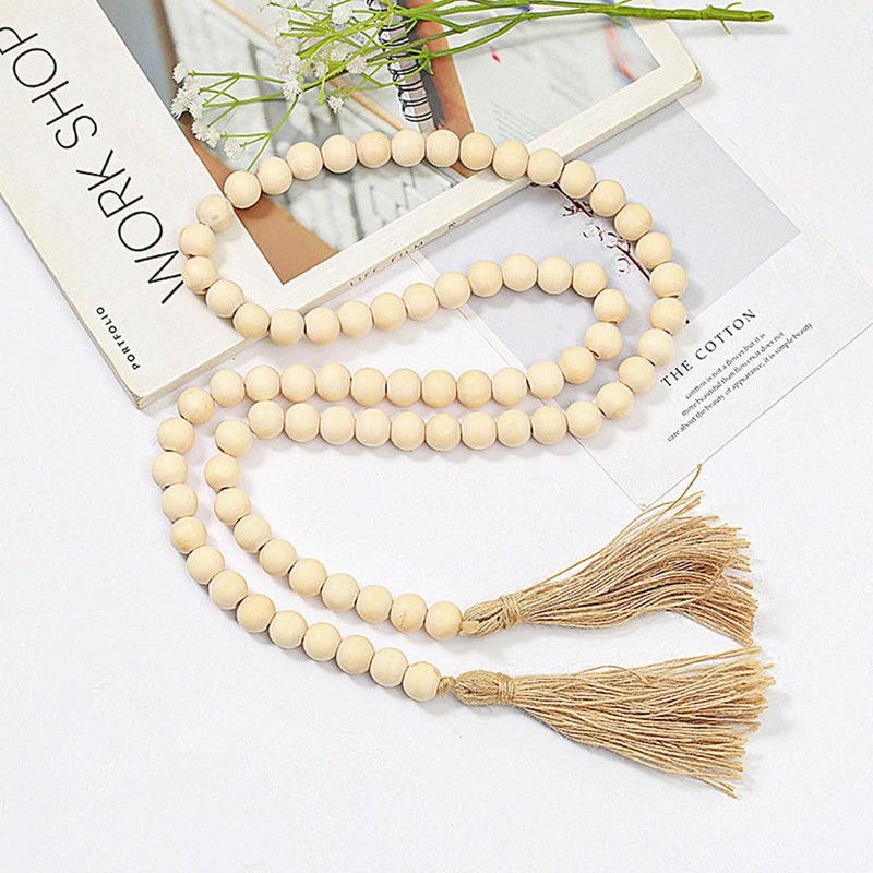 POFET 60inch Wood Bead Garland with Tassels Beads Rustic Country