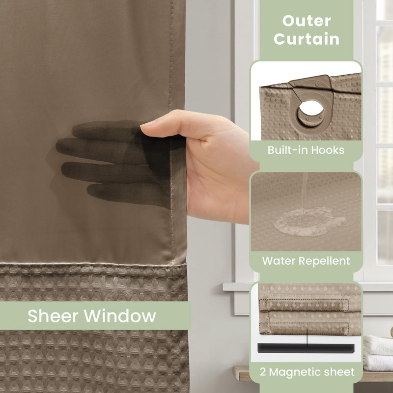 Inhousolu Extra Long No Hook Shower Curtain with Snap in