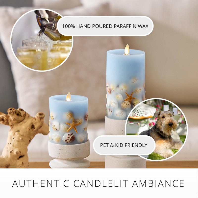 Luminara Flameless LED Candle Soft Chambray Embedded Seashell & Starfish
