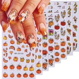 8Sheets Fall Nail Art Stickers Autumn Pumpkins Fallen Leaves 3D Self Adhesive Nail Design Fall Flower Nail Decals Thanksgiving Theme Nail Art Supplies for Women Manicure Decoration