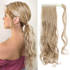 TESS Blonde Ponytail Extension, 40 cm, Light Ash Brown Mixed with Bleach Blonde Wavy Braid Extension, Ponytail Hairpiece, 90 g, Long Hair Extension Braid