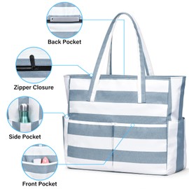 oscaurt Large Beach Bag with 9 Pockets, Waterproof Beach Bags for Women, Sandproof Summer Beach Tote Bag with Zip, Holiday Essentials Shopping Bag Travel Bag Handbags for Pool Gym Weekend