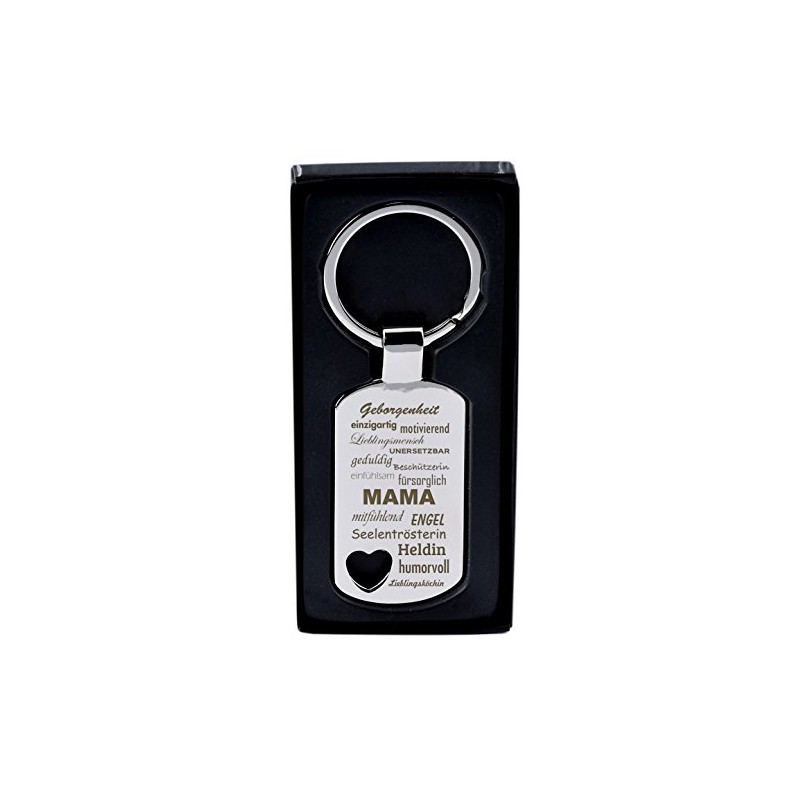 Keyring pendant with heart cut-out and engraving "Eigenschaften einer Mama"