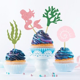 UXYOKM 24Pcs Mermaid Cupcake Toppers Glitter Mermaid Seaweed Coral Sea Snail Cupcake Picks Baby Shower Under the Sea Mermaid Theme Birthday Party Decorations Supplies