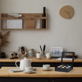 Relaxdays Wooden Tea Box, 7 Compartments, 100 Teabags, Hinged Lid, Flavour-Preserving, 8 x 25 x 25.5 cm, Black