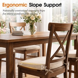 Nyio Memory Foam Chair Cushions for Dining Chairs, 2.5" Thick Seat Cushions for Kitchen Chairs, D-Shaped Chair Pads with Washable Cover, Ties and Non Slip Backing, 17'' x 16'', Set of 4, Beige