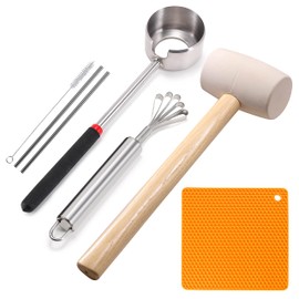 Coconut Opener Tool Set, Stainless Steel Coco Nut Opener Kit, Safe & Easy Tool to Open Young & Mature Coconuts, White Rubber Mallet, Coconut Meat Scraper, Reusable Straws and Silicone Mat