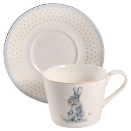 Spode Meadow Lane Teacup with Saucer | 8-Ounces | Porcelain Tea/Coffee Cup | Beautiful Tea Set for Living Room Décor and Tea Party | Blue Rim and Flower Border Design | Bunny Motif