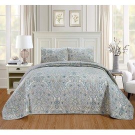 Masterplay 3-Piece Full Size Quilt Set Velvet Bedspread Coverlet Fine Printed Warm Winter Bed Cover (Pale Blue, Light Grey, Paisley), Oversize Queen