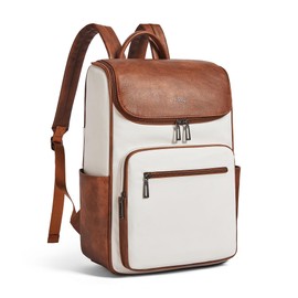 tiamyi leather travel backpack for men and women, flap top laptop backpack fits 17.0 inch computer with luggage strap and separate padded compartment, beige