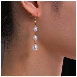 Inilbran Boho Pearl Earrings Vintage Long Tassel Pearl Drop Earrings Gold Pearl Statement Earrings Linear Pearl Necklace Earrings Jewellery for Women and Girls, Alloy Steel