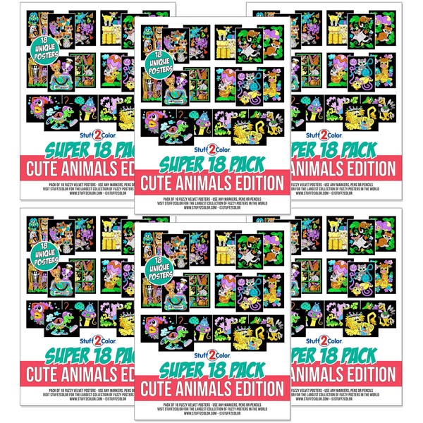Super Pack of 18 Fuzzy Coloring Posters (Cute Animals Edition) - Arts & Crafts Kit for Kids, Girls, and Boys - Perfect for Toddlers as a Quiet Time Project or Indoor Family Activity. (6 Pack Bundle)