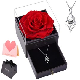Preserved Real Rose with 925 Sterling Silver Pendant Necklace Eternal Rose with Silver Necklace Rose Box Gift for Mum Wife Her on Mothers Day Valentines Day Christmas Birthday Gifts for Women