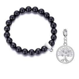 Philip Jones Black Onyx Gemstone Bracelet with Tree of Life Charm Created with Zircondia® Crystals