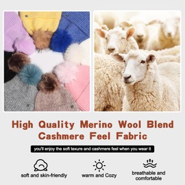 WKF Wool Blend Womens Winter Knitted Beanie Hat with Faux Fur Pom, Warm Knit Skull Cap Beanie for Women Black