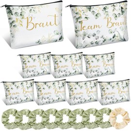 Ylinge 9 Sets Bridal Gifts Hen Party Accessories Satin Bridal Hair Bobbles Team Bride Make Up Bag Gift for Bridal Shower Stag Night Bag Decoration for Wedding Engagement (Green)