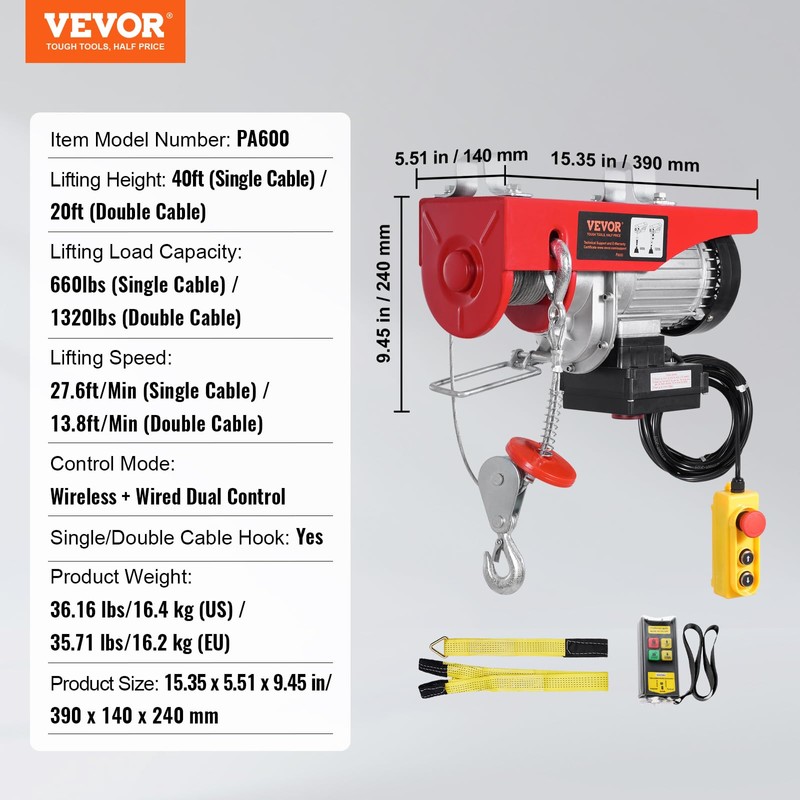VEVOR Electric Hoist, 1320 lbs 120V Electric Winch with 328
