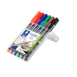 STAEDTLER permanenter Universalstift Lumocolor, wisch- und wasserfest, sekundenschnell trocken, nachfüllbar, F-Spitze - Linienbreite 0,6 mm, 6 Marker in sortierten Farben, 318 WP6