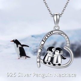 SHEAISRS Penguins Necklaces 925 Sterling Silver Hugging Penguins Cute Animal Jewelry for Women