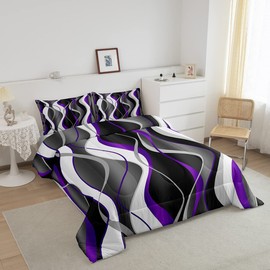 Manfei Modern Geometry Comforter Set King Size Purple and Grey Bedding Set 3pcs for Kids Boys Teens Room Decor, Wave Stripe Print Quilt Set Black and White Duvet Set with 2 Pillowcases