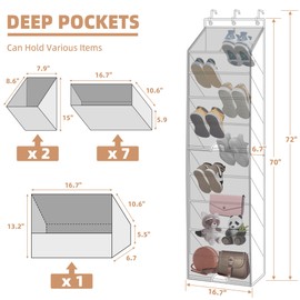 STORAGE MANIAC Over the Door Shoe Organizer with Curtain Dustproof Heavy-Duty Large Deep Pocket Hanging Shoe Organizer for Closet Dorm & Narrow Door Storage Shoe Holder Shoe Rack, 9-Shelf Black 1 Pack