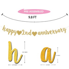 Happy 2nd Anniversary Party Banner, Gold Gliter 2 Years Anniversary garland,2nd Wedding Anniversary Banner Party Decorations Suppilies.(Pre-Assembly)