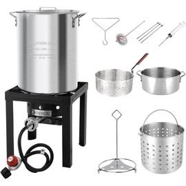 ROVSUN 30QT Turkey Fryer & 10QT Fish Fryer Kit w/ 55,000BTU Propane Stove, Aluminum Outdoor Deep Fryer & Seafood Boiler Steamer w/Baskets, Thermometer, Marinade Injector, Turkey Rack & Rack Lifter - Size: 30QT+10QT