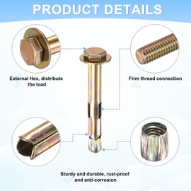 M METERXITY 10pcs Hex Anchor Bolts M8x70mm Color Zinc Plated Iron-Carbon Steel External Hex Anchor Bolts with 14mm Wrench for Concrete Dry Brick Block Wall Rust Proof Metal Bolts