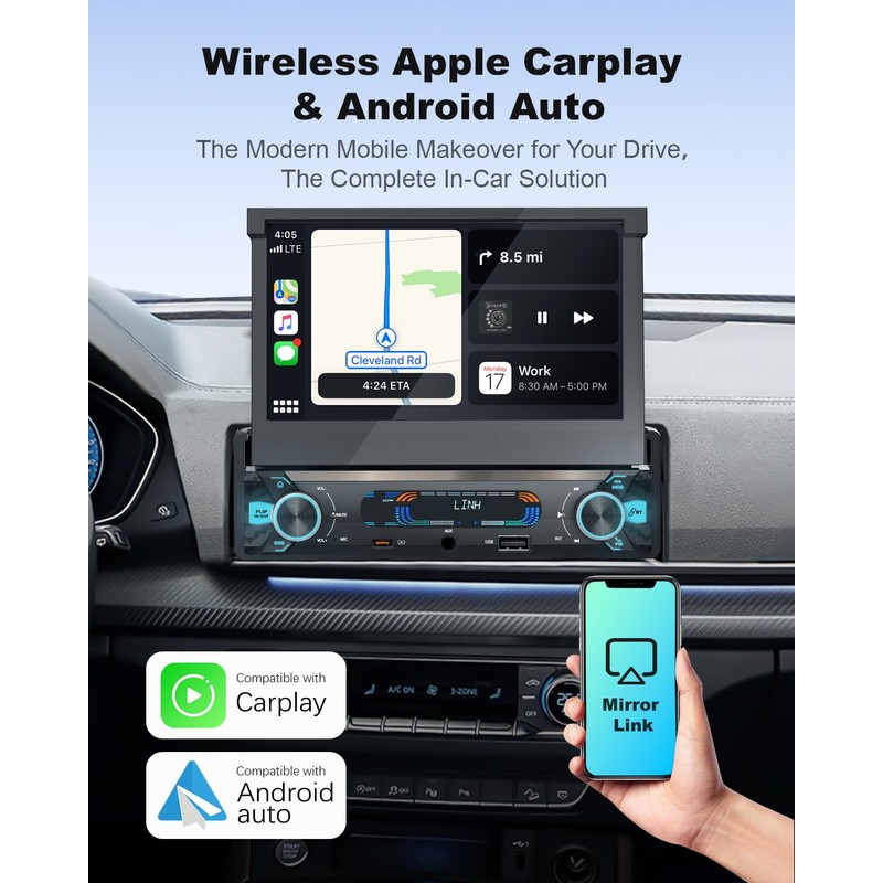 【Upgrade】Y-METDRIVING Single Din Motorized Flip Out Touchscreen Car Radio with