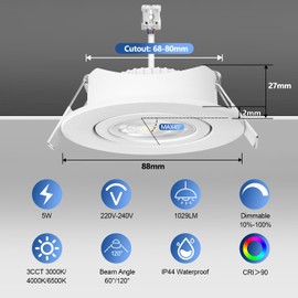 YindaLux LED Recessed Spotlight, 230 V LED Spotlights, 5 W, Dimmable, 68 mm, IP44 Ceiling Spotlights, 45° Swivel, Warm White, Neutral White, Cool White, Spotlights, Ceiling Light for Bathroom,