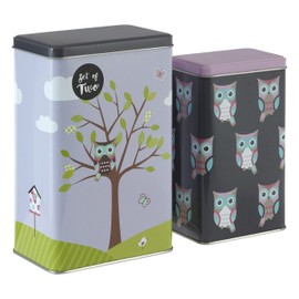 Premier Housewares 507304 Canister Set for Kitchen Rectangular Tea Coffee Storage Jars Set of Two Blue and Pink Owl Design 19 x 9 x 6 -19 x 11 x 7.5