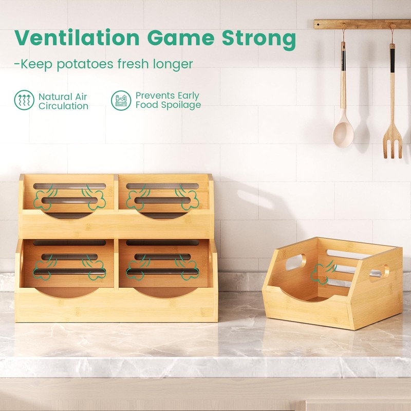 Onion Storage Bins Potato, 3 Tier Bamboo Pantry Storage Bin