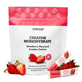 STRVLUE Creatine Monohydrate 30 Sachets (5g Creatine Each) C Gluten Free & Vegan C Supports Muscle Growth, Strength, Power, Enhances Recovery C Convenient On-The-Go Supplement for Men & Women C Strawberry