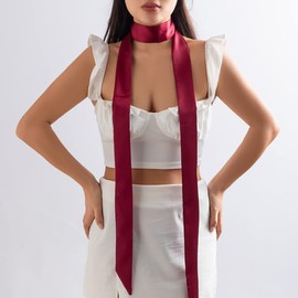 Rannyrena Vintage Silk Satin Long Choker Necklace Wide Soft Wrap Tie Necklace with Flower Elegant Bow-knot Collar Necklace for Women (Red)