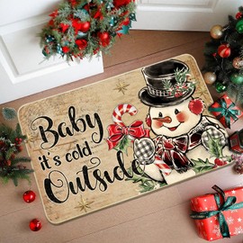 Christmas Mat Outdoor PU Non-Slip Mats for Front Door,Vintage Christmas Doormat 17x29,Beige Christmas Entryway Rug,Christmasholly Berries Cute Snowman Mat for Porch, Indoor Outdoor Home Décor