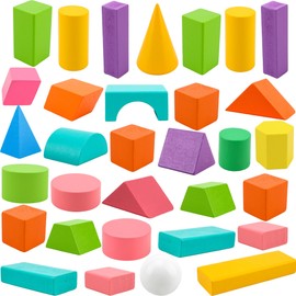 Swakuta 32 Pcs Wooden 3D Shapes Geometric Solids Blocks Multicolored Pattern Blocks Solid Large Size Colorful Geometric Shapes Blocks Set for Kids School Home Supplies