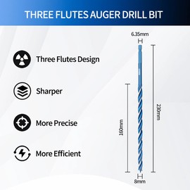 Teronbeta Wood Drill Bit 8mm x 230mm x 2pcs Professional 1/4 Inch Hex Shank Brad Point Auger Drill Bits for Wood
