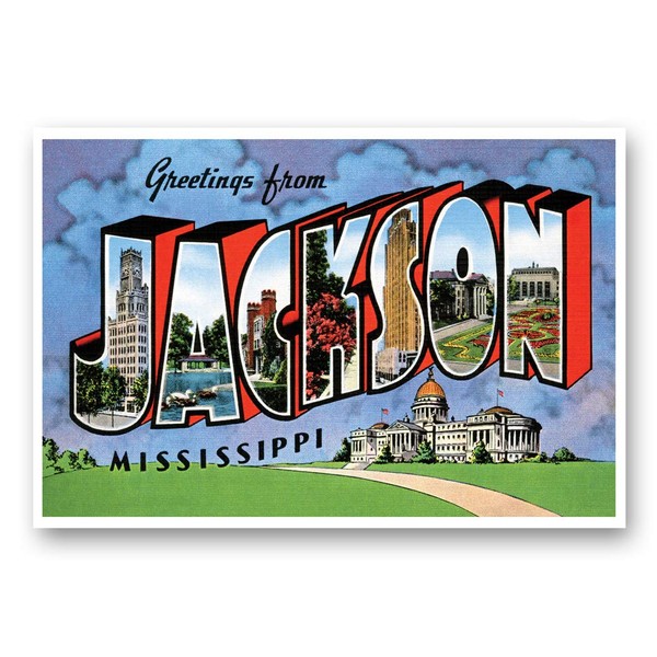 GREETINGS FROM JACKSON, MS vintage reprint postcard set of 20 identical postcards. Large Letter Jackson, Mississippi city name post card pack (ca. 1930's-1940's). Made in USA.