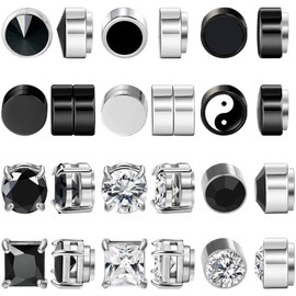 NEWITIN 12 Pairs Black Clip On Stud Earrings for Men Fake Earrings Non Piercing Earrings Inlaid Cubic Zirconia Earrings Stainless Steel Stud Earrings for Men Women