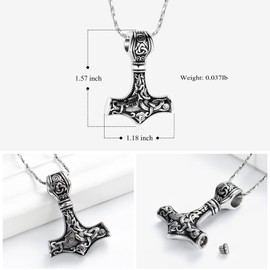 Mjolnir Thor's Hammer Cremation Jewellery for Ashes Pendant - Thor's Hammer Urn Necklace with Mini Keepsake Urn Memorial Ash Jewellery for Men / Women