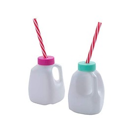 Fun Express 12 Pieces Mini Milk Carton with Lids and Straws, BPA Free Plastic, Party Supplies, White