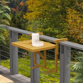 Outsunny Balcony Railing Table, Outdoor Folding Hanging Table/Desk, Space Saving 4 Height Adjustable Wood Balcony Bar Table for Serving Food, Flower Stand, Studying, Natural