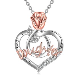 TOUPOP Gifts for Daughter Necklace from Mum Dad Sterling Silver I Love You Jewelry Birthday Christmas Gifts (Daughter Necklace with Rose Flower)