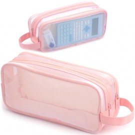 Vocuer Large Grid Mesh Pencil Pouch Aesthetic 2 Compartments, Big Clear Pencil Case Bag Transparent Pen Pouch Bags With Zipper Makeup Bag For Women Girls Adults Travel School (Pink)