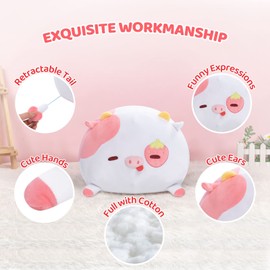 Mewaii Cute Strawberry Cow Plush Pillow, 16” Strawberry Cow Stuffed Animals, Soft Kawaii Plushies Cuddle Pillow, Cute Plushies Birthday Gifts for Women, Girls and Males