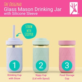 Elk and Friends Kids + Toddler Glass Cups | The Original 12oz Glass Mason Jar with Sleeves + Lids | Silicone Straws + Stopper | Smoothie Cup | Food Storage | Spill Resistant | Dishwasher Safe | 4 Pack