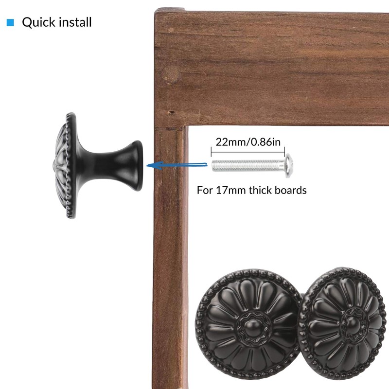 YEYIT 16Pcs Black Cabinet Door Handle, Round Drawer Knobs, Single