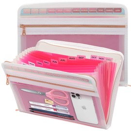 Mukawa 13 Pocket Zippered Expanding File Folder, Zippered Accordion File Organizer, Accordion Folder with Zipper for Documents Letter Size A4 Papers (Pink)